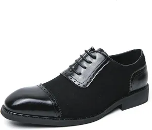 Men's Leather Stitching Chunky Heel Brogue Wingtip Oxford Shoes Vintage Patent Leather Pointed Toe Non-Slip Lace-up Formal Business Shoes Walking Work Shoes