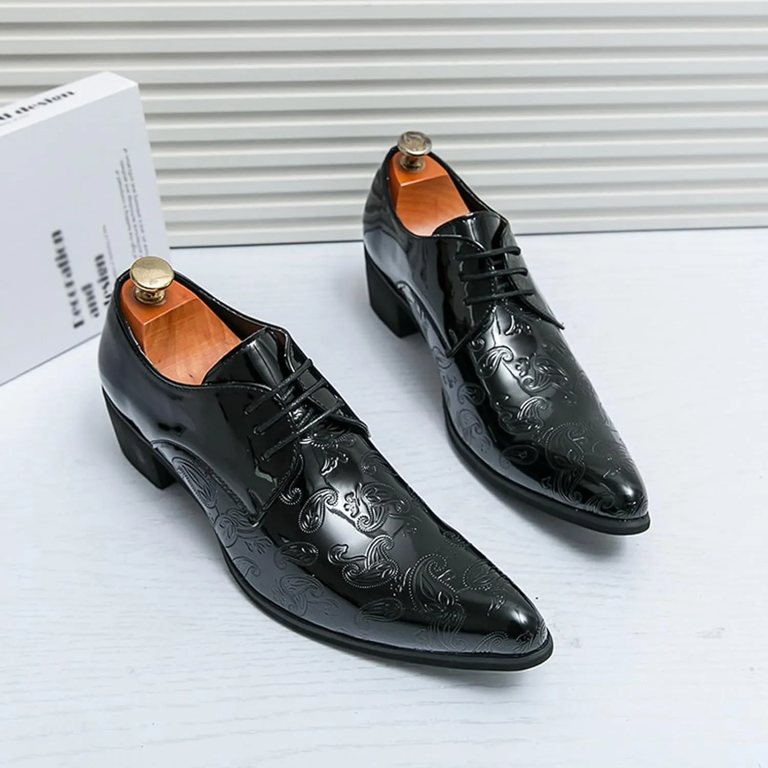 Men's Printing Pointed-Toe Patent Leather Derby Oxford Shoes,Classic Lace-up Low Top Block High Heel Fashion Slip on Prom Business Wedding Dress Shoes