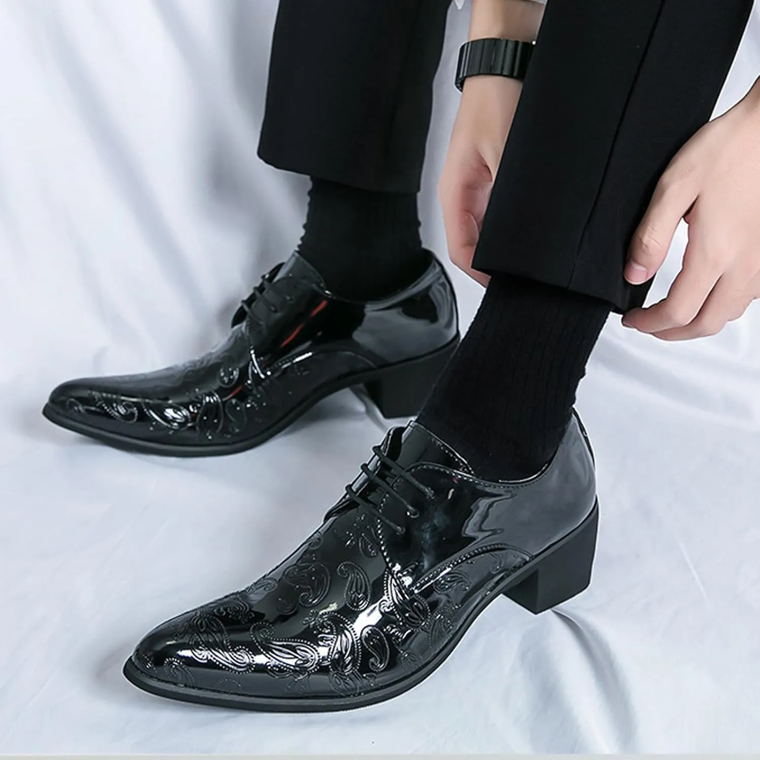 Men's Printing Pointed-Toe Patent Leather Derby Oxford Shoes,Classic Lace-up Low Top Block High Heel Fashion Slip on Prom Business Wedding Dress Shoes