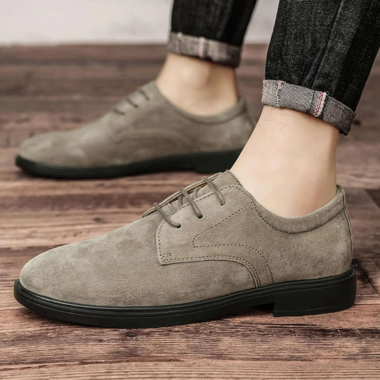 Men's Suede Low Heel Lace-Up Classic Oxford Shoes Retro Round Toe Comfortable Non-Slip Business Work Driving Formal Derby Shoes
