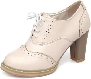 MIOKE Women's Chunky High Heel Oxford Pump Lace Up Wingtip Perforated Platform Brogues Vintage Dress Shoes