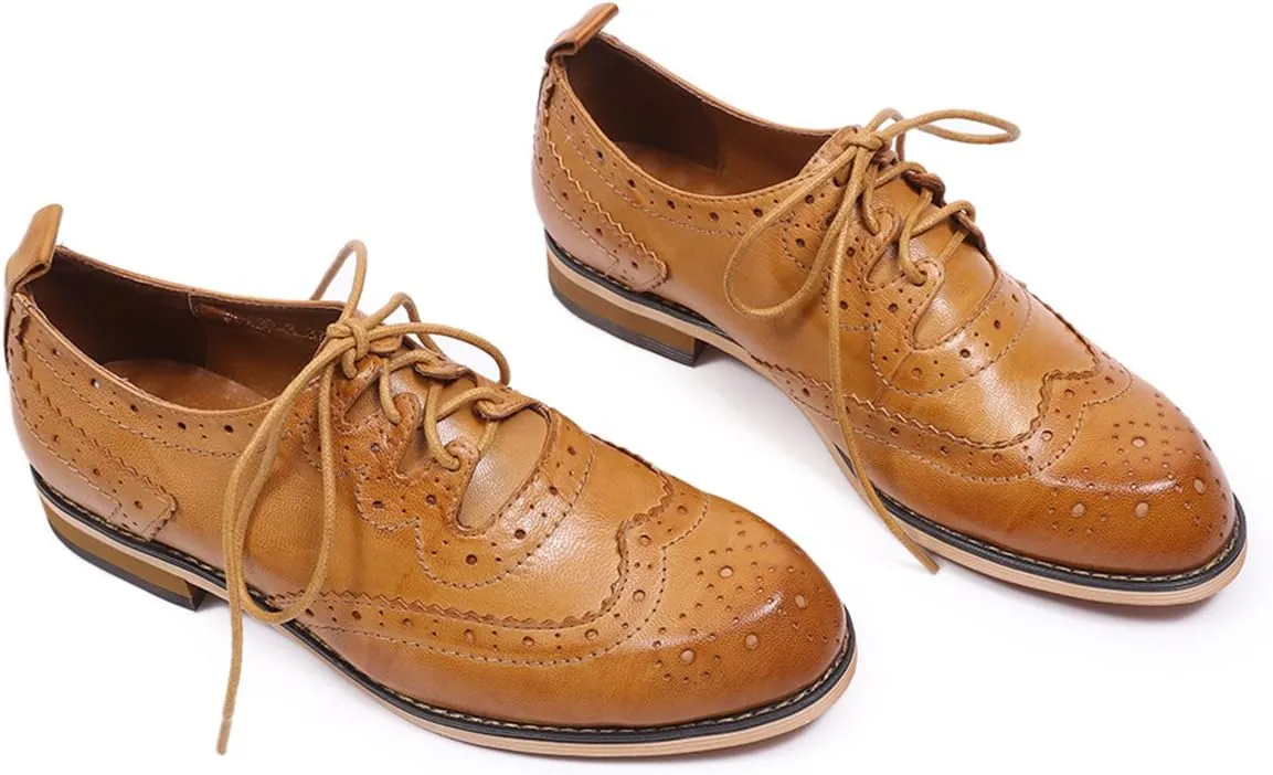 Mona flying Women's Handmade Wingtip Oxfords Comfy Lace up Brogue Leather Shoes for Ladies
