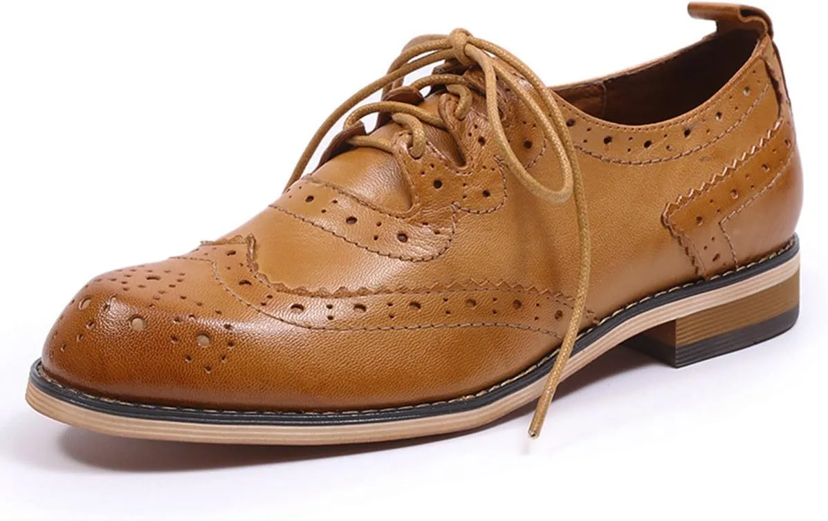 Mona flying Women's Handmade Wingtip Oxfords Comfy Lace up Brogue Leather Shoes for Ladies