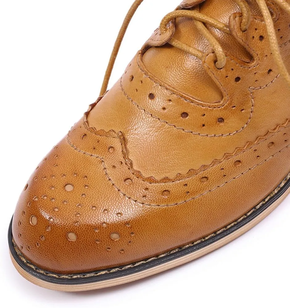 Mona flying Women's Handmade Wingtip Oxfords Comfy Lace up Brogue Leather Shoes for Ladies