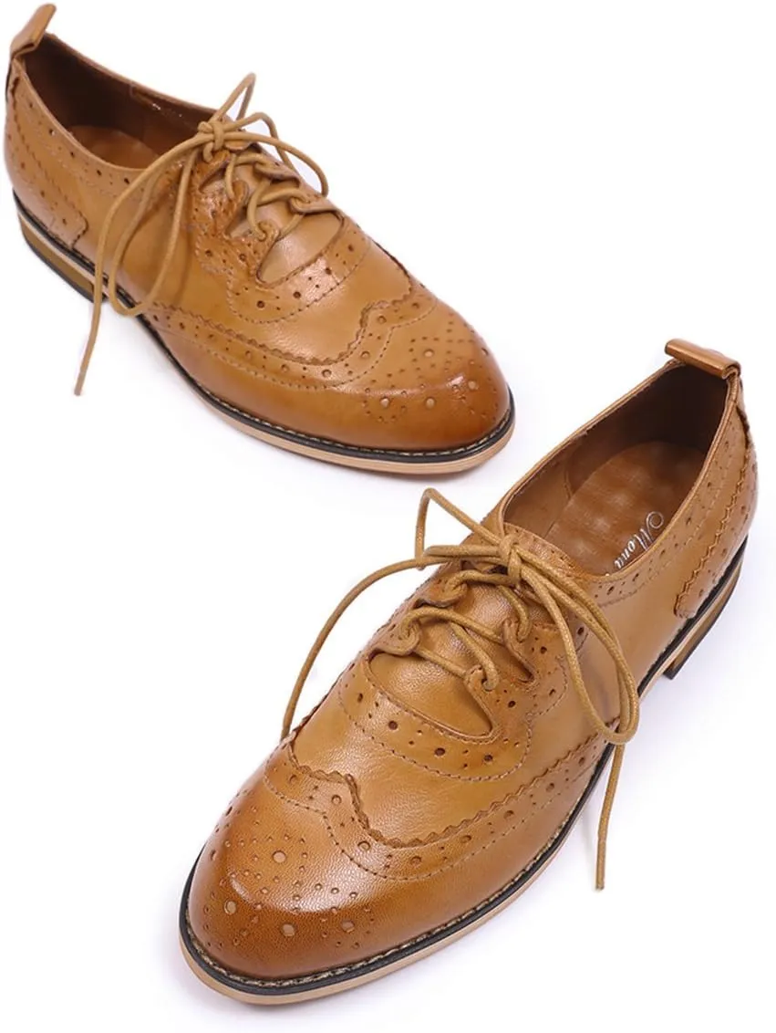 Mona flying Women's Handmade Wingtip Oxfords Comfy Lace up Brogue Leather Shoes for Ladies