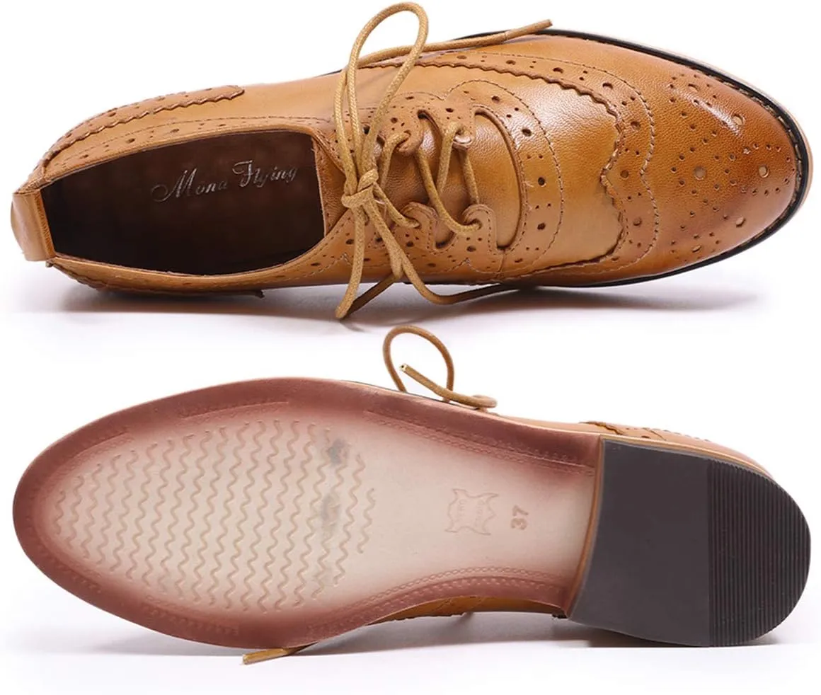 Mona flying Women's Handmade Wingtip Oxfords Comfy Lace up Brogue Leather Shoes for Ladies