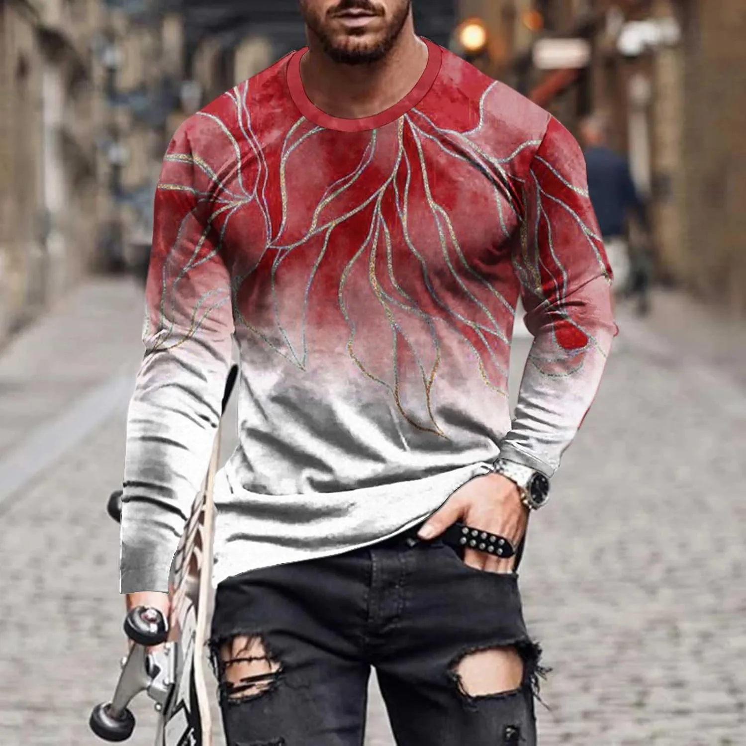 Muscularfit Long Sleeve Tee Shirts for Men Graphic Marble Print Casual Pullover Big and Tall Crewneck Sweatshirts Sports Tees