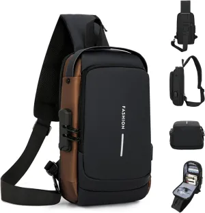 New Carbon Fiber Streamline Anti-Theft Sport Sling Bag, Waterproof Shoulder Backpack with USB Charging Port Daypack (Black gold)