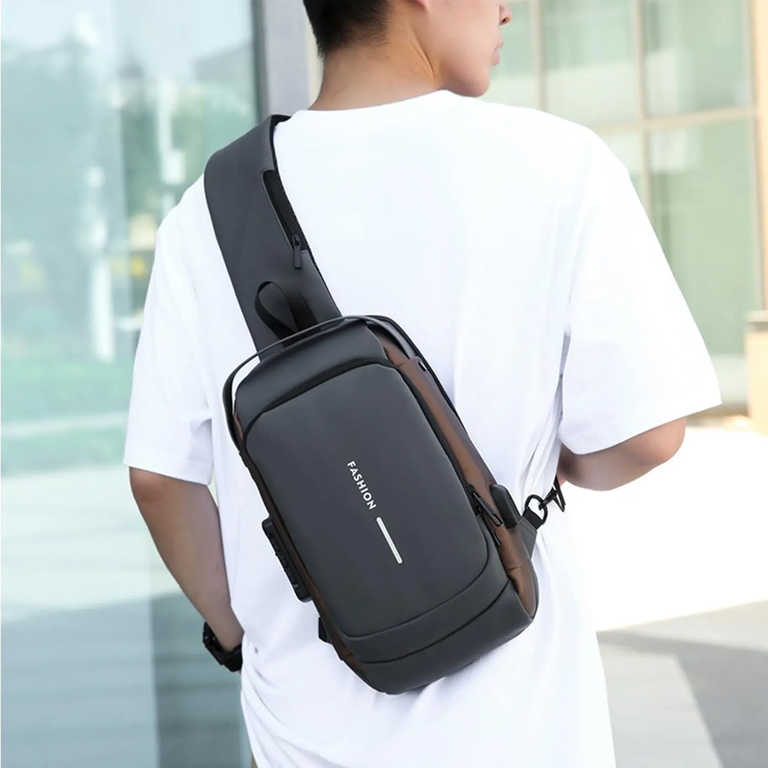 New Carbon Fiber Streamline Anti-Theft Sport Sling Bag, Waterproof Shoulder Backpack with USB Charging Port Daypack (Black gold)