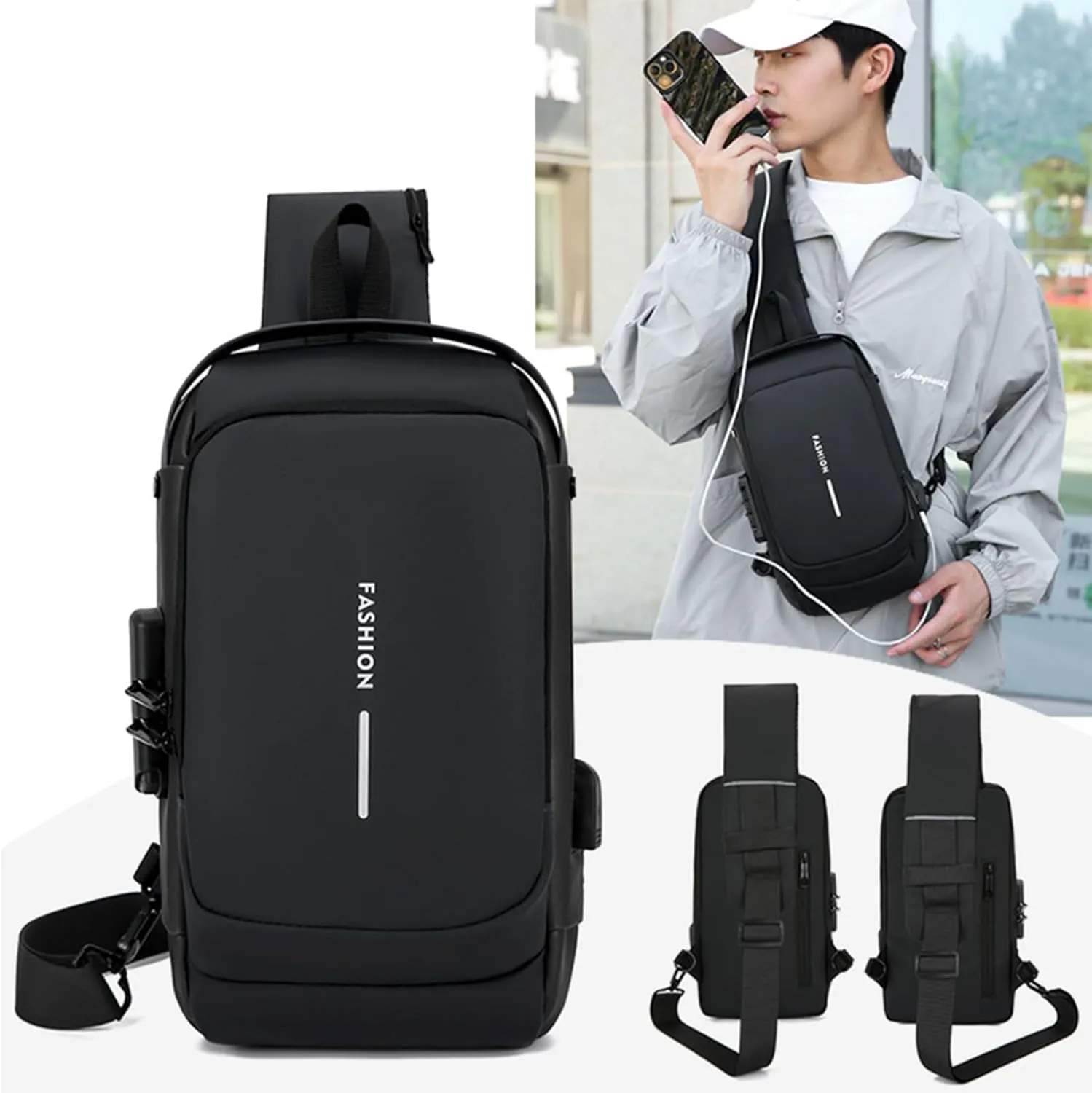 New Carbon Fiber Streamline Anti-Theft Sport Sling Bag, Waterproof Shoulder Backpack with USB Charging Port Daypack (Black gold)