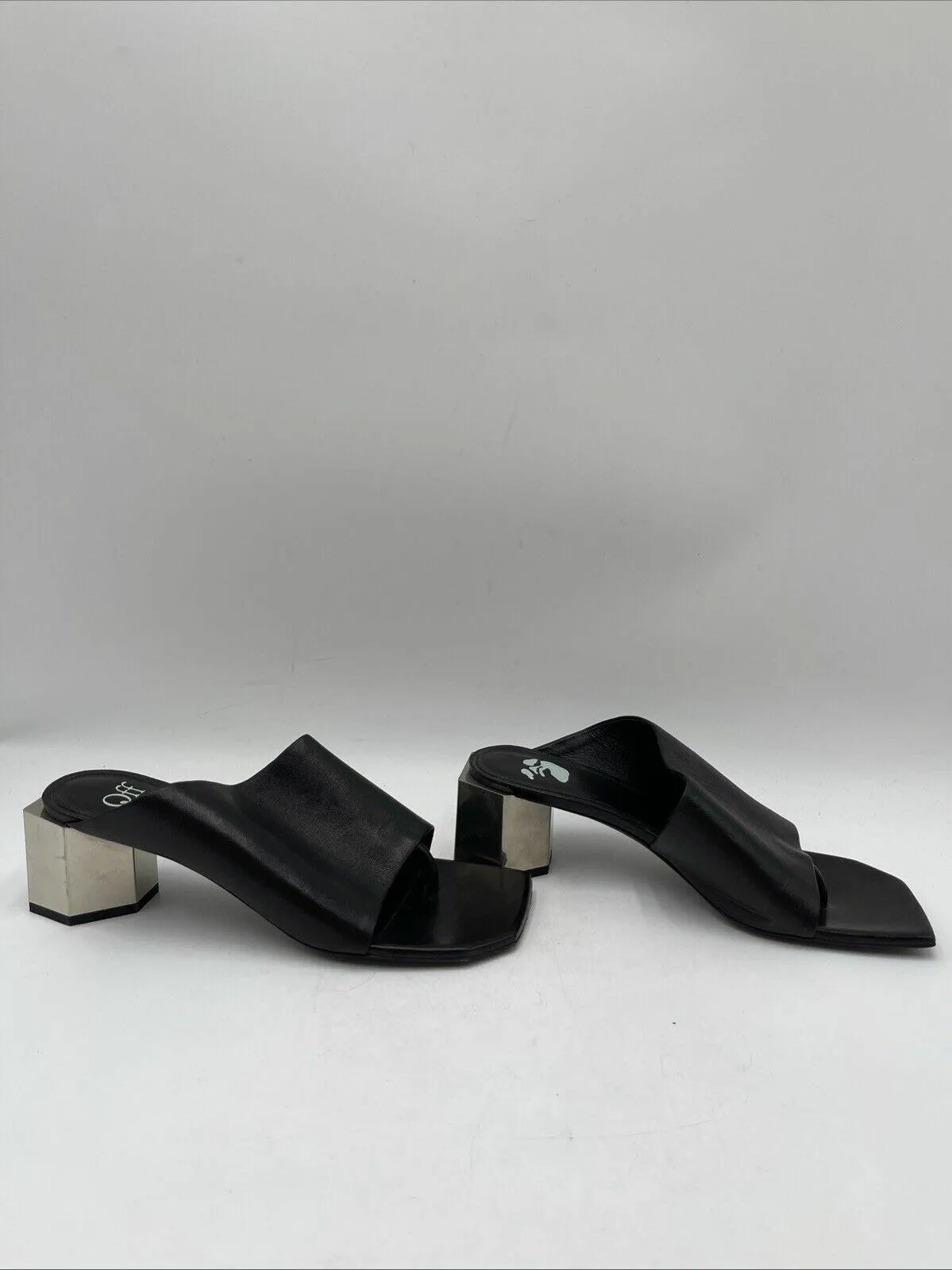 Off-White “HEXNUT” Black Leather Open Toe Metallic Heel Mule Sandals, Women’s 37 - Very Good