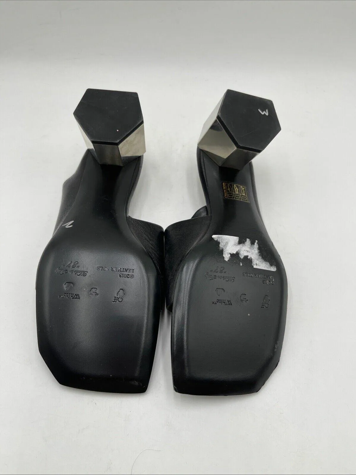 Off-White “HEXNUT” Black Leather Open Toe Metallic Heel Mule Sandals, Women’s 37 - Very Good