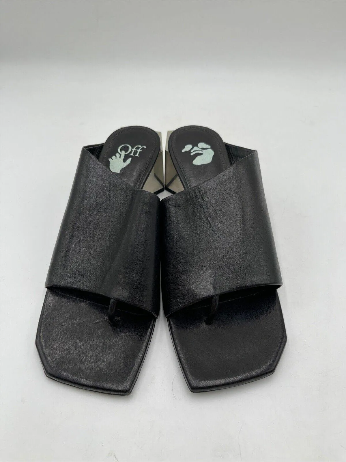 Off-White “HEXNUT” Black Leather Open Toe Metallic Heel Mule Sandals, Women’s 37 - Very Good