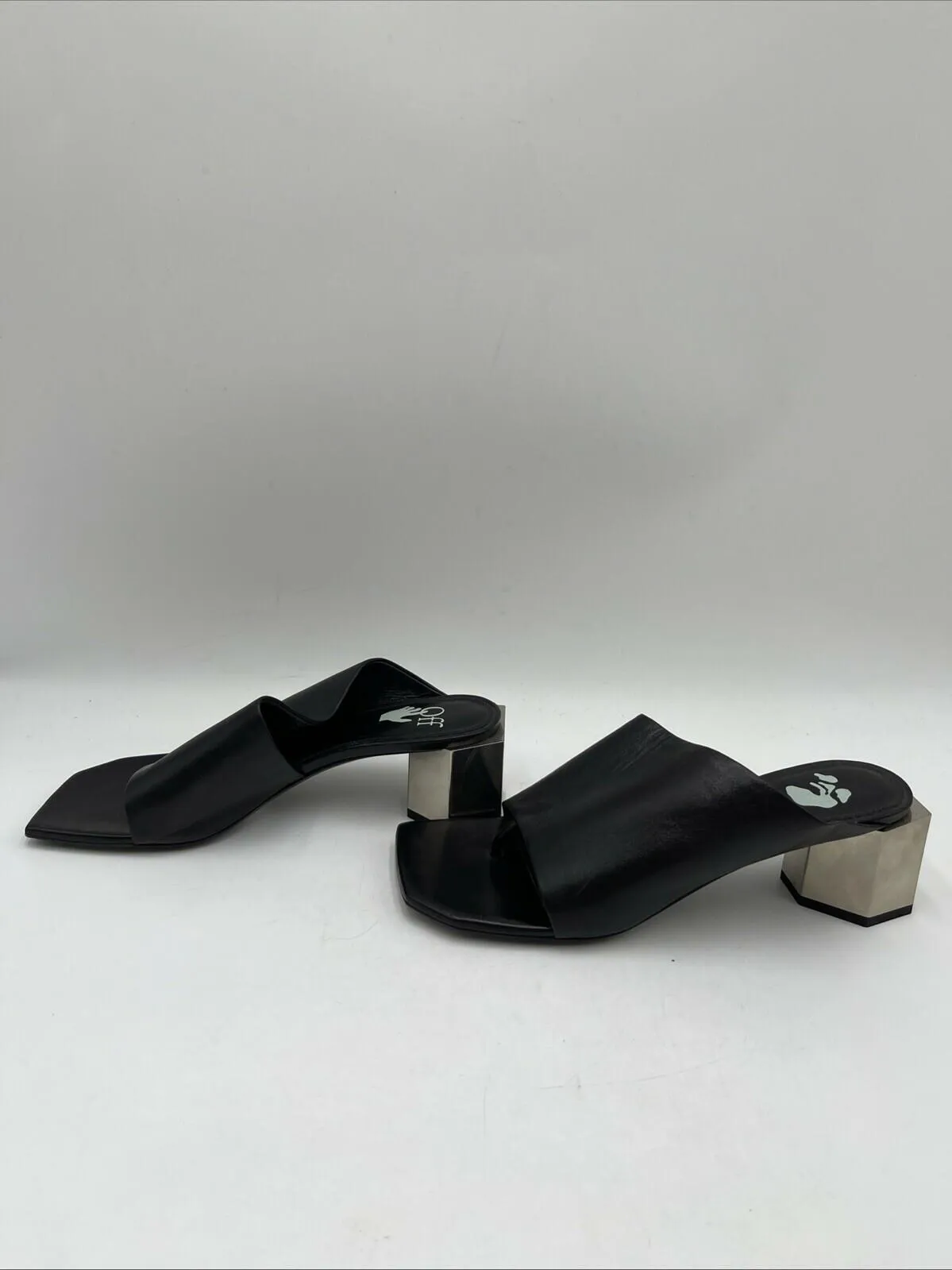 Off-White “HEXNUT” Black Leather Open Toe Metallic Heel Mule Sandals, Women’s 37 - Very Good