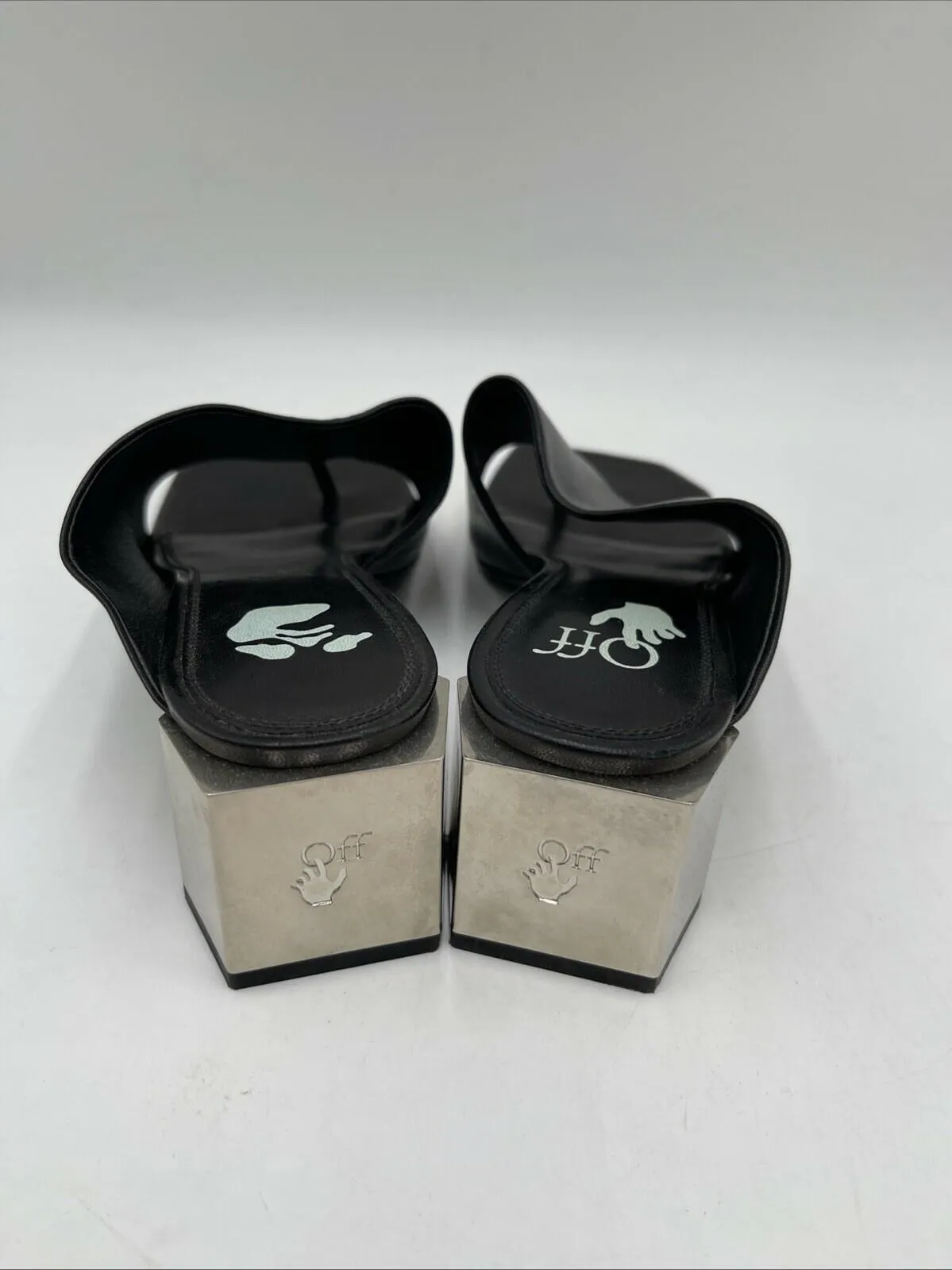 Off-White “HEXNUT” Black Leather Open Toe Metallic Heel Mule Sandals, Women’s 37 - Very Good