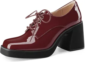 Oh Mispares Women's Chunky Heeled Oxfords Square Toe Platform Oxford Shoes for Women Lace-up Patent Leather Shoes Comfortable Business Dress Pump Shoes for Work