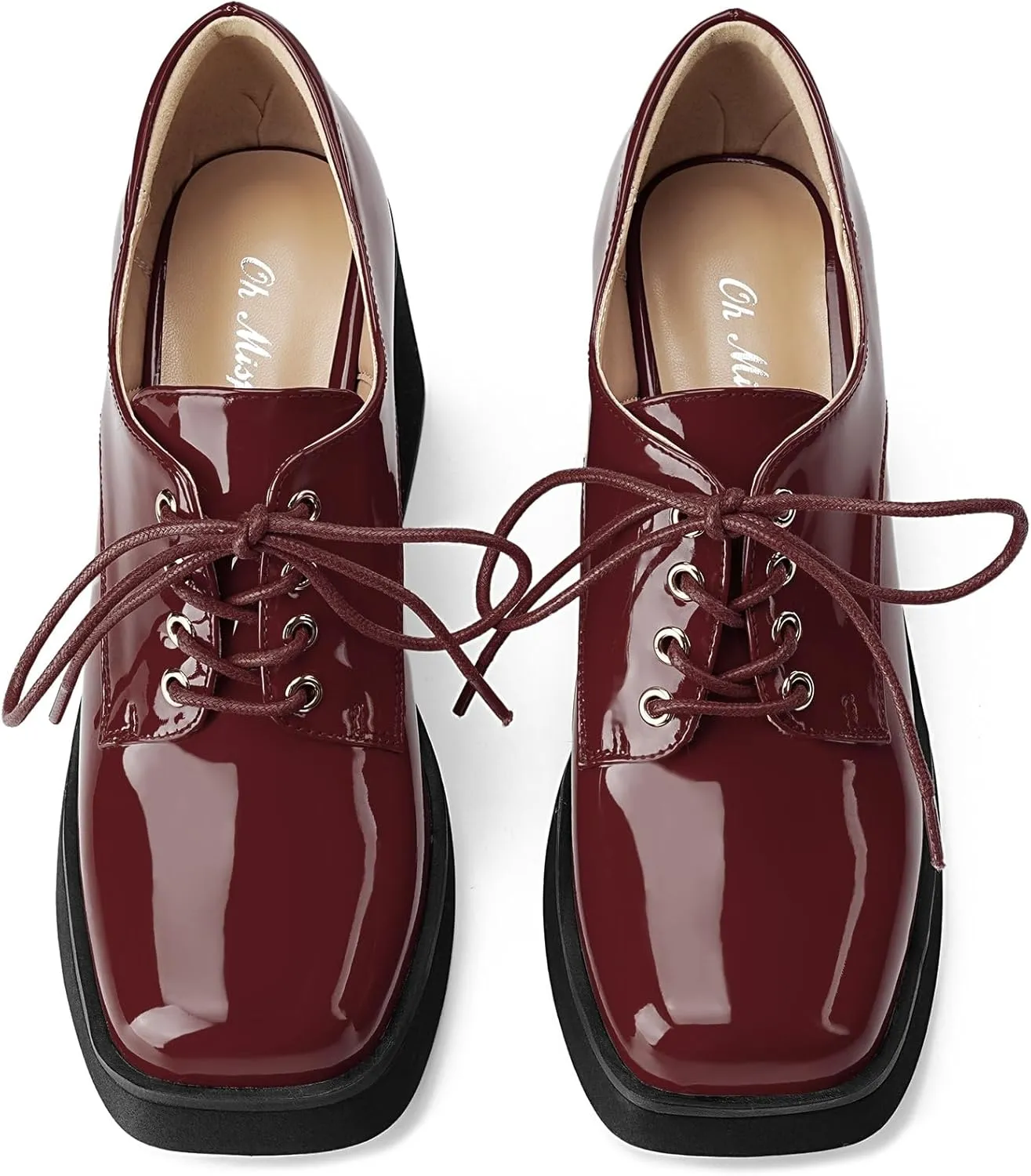 Oh Mispares Women's Chunky Heeled Oxfords Square Toe Platform Oxford Shoes for Women Lace-up Patent Leather Shoes Comfortable Business Dress Pump Shoes for Work