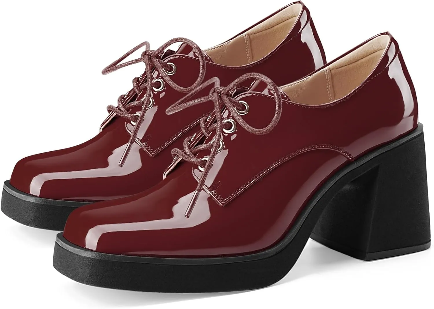 Oh Mispares Women's Chunky Heeled Oxfords Square Toe Platform Oxford Shoes for Women Lace-up Patent Leather Shoes Comfortable Business Dress Pump Shoes for Work