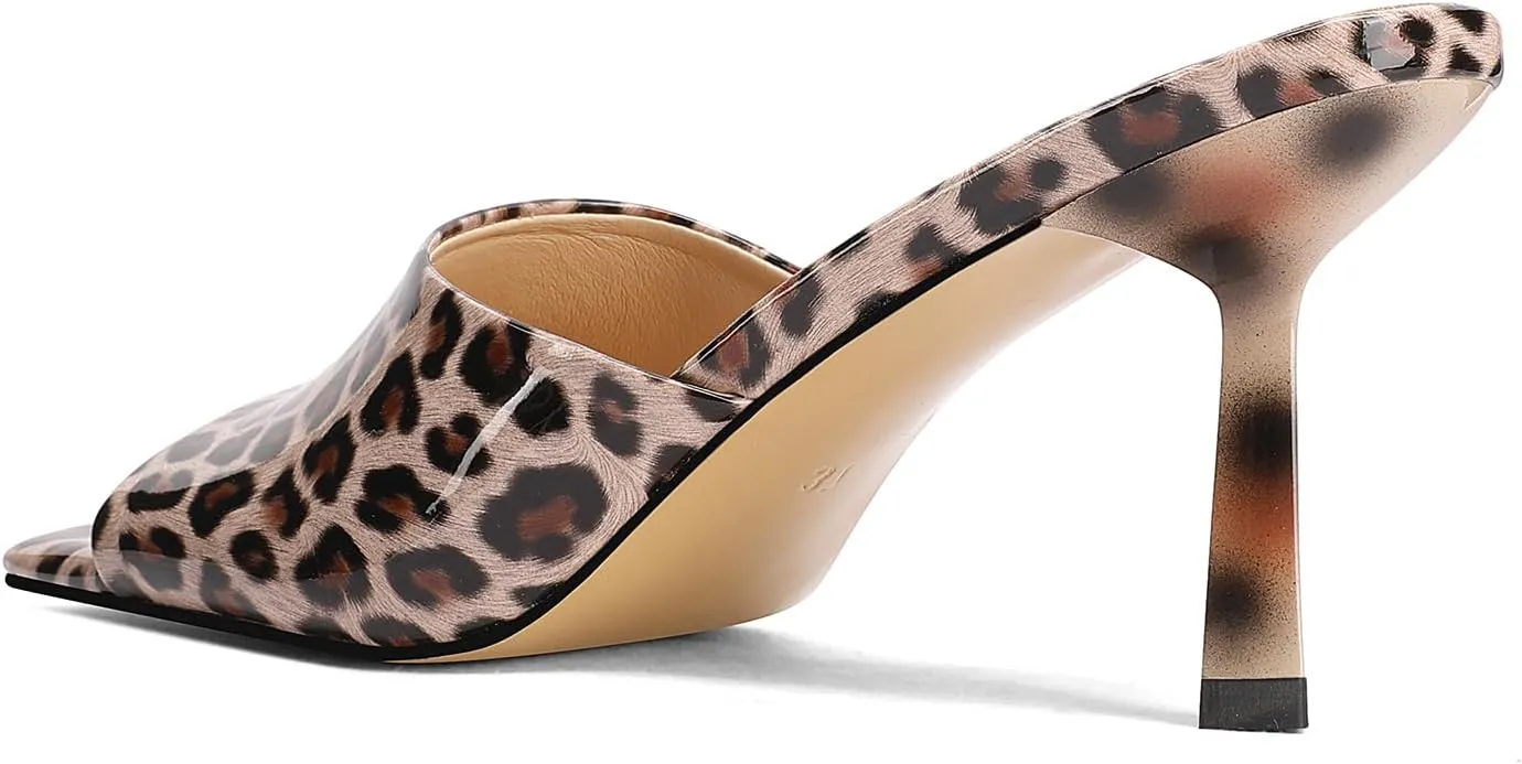 Open-Toe Patent Leather Kitten Heel Mules with Slim Stiletto for Women Sexy Leopard Print Slip On Square-Toe Slide Sandals