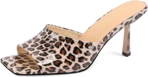 Open-Toe Patent Leather Kitten Heel Mules with Slim Stiletto for Women Sexy Leopard Print Slip On Square-Toe Slide Sandals
