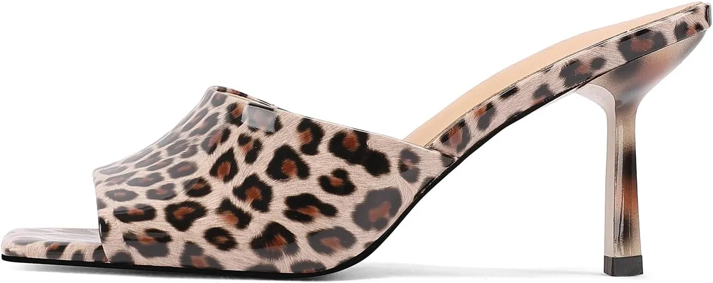 Open-Toe Patent Leather Kitten Heel Mules with Slim Stiletto for Women Sexy Leopard Print Slip On Square-Toe Slide Sandals