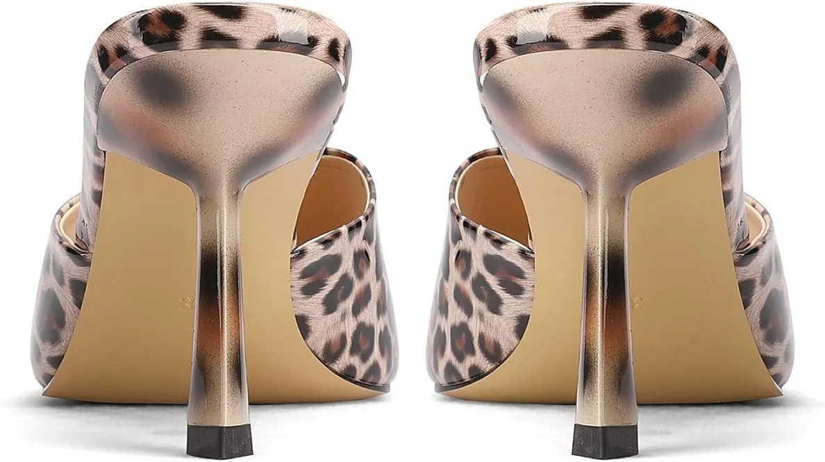 Open-Toe Patent Leather Kitten Heel Mules with Slim Stiletto for Women Sexy Leopard Print Slip On Square-Toe Slide Sandals