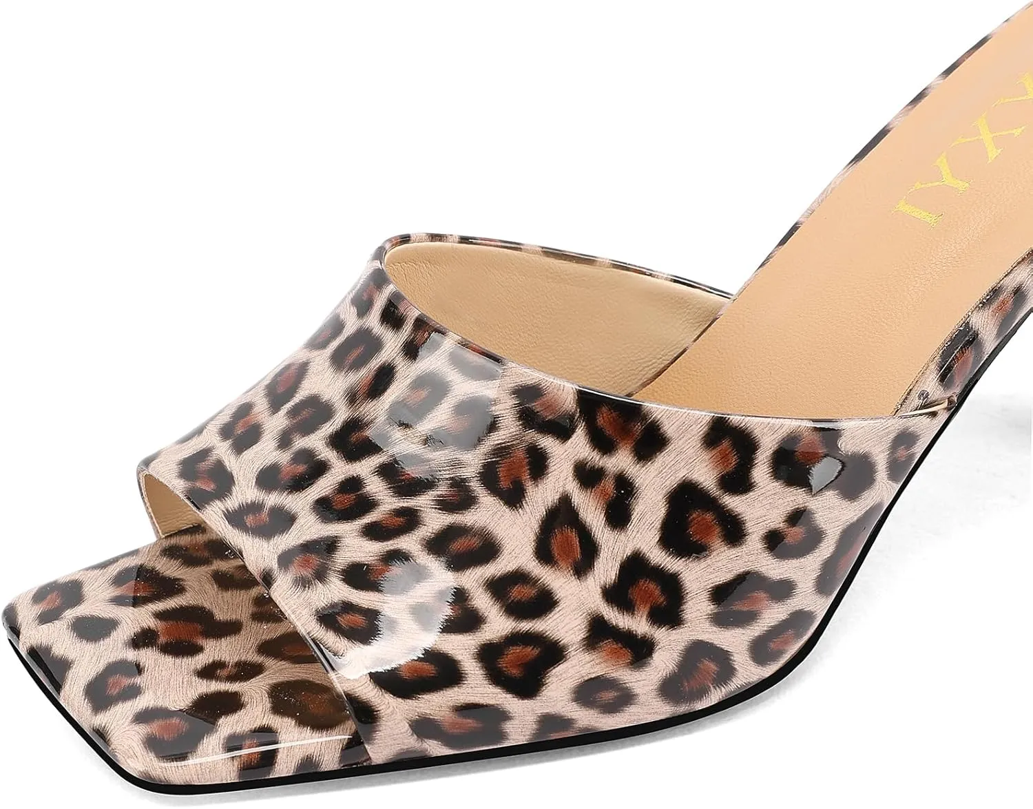 Open-Toe Patent Leather Kitten Heel Mules with Slim Stiletto for Women Sexy Leopard Print Slip On Square-Toe Slide Sandals