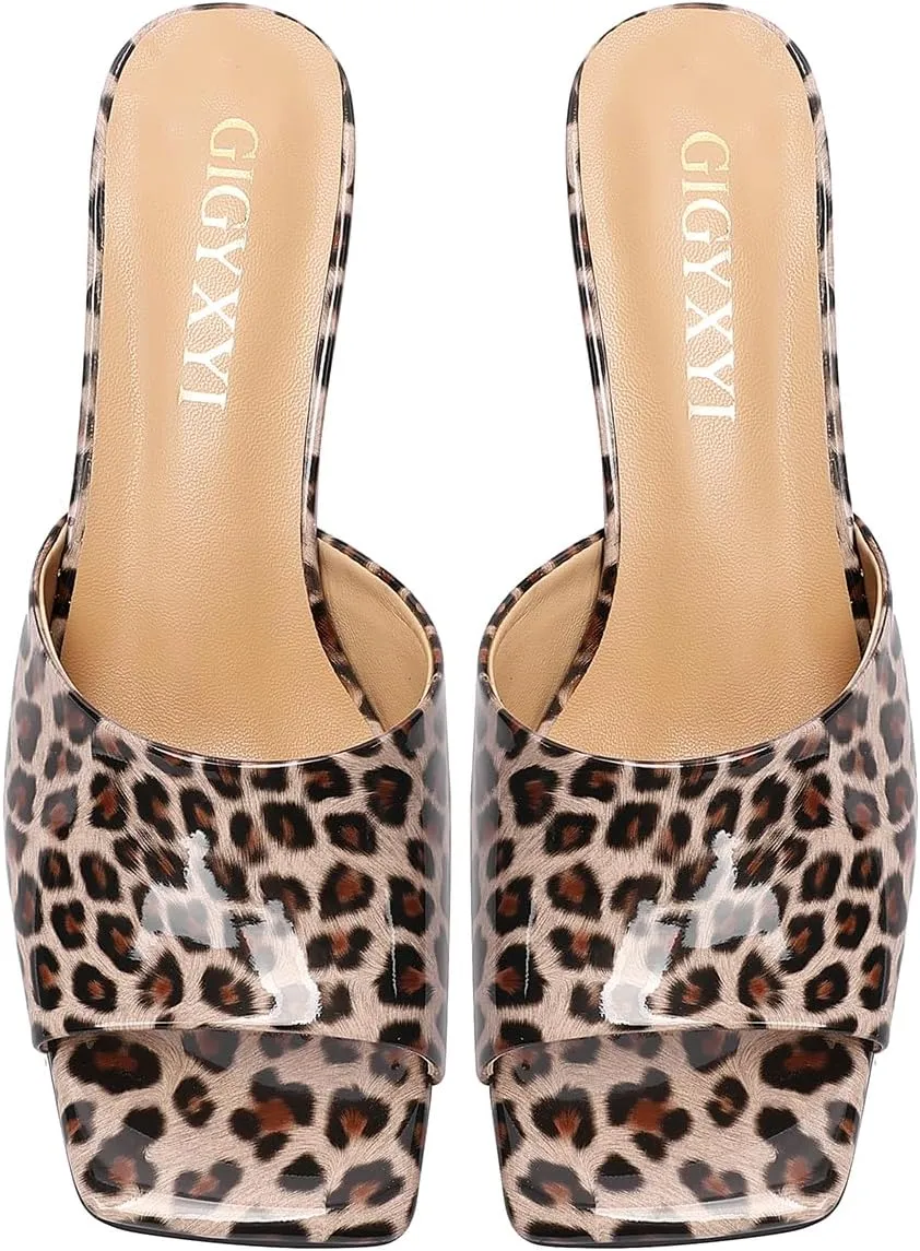 Open-Toe Patent Leather Kitten Heel Mules with Slim Stiletto for Women Sexy Leopard Print Slip On Square-Toe Slide Sandals