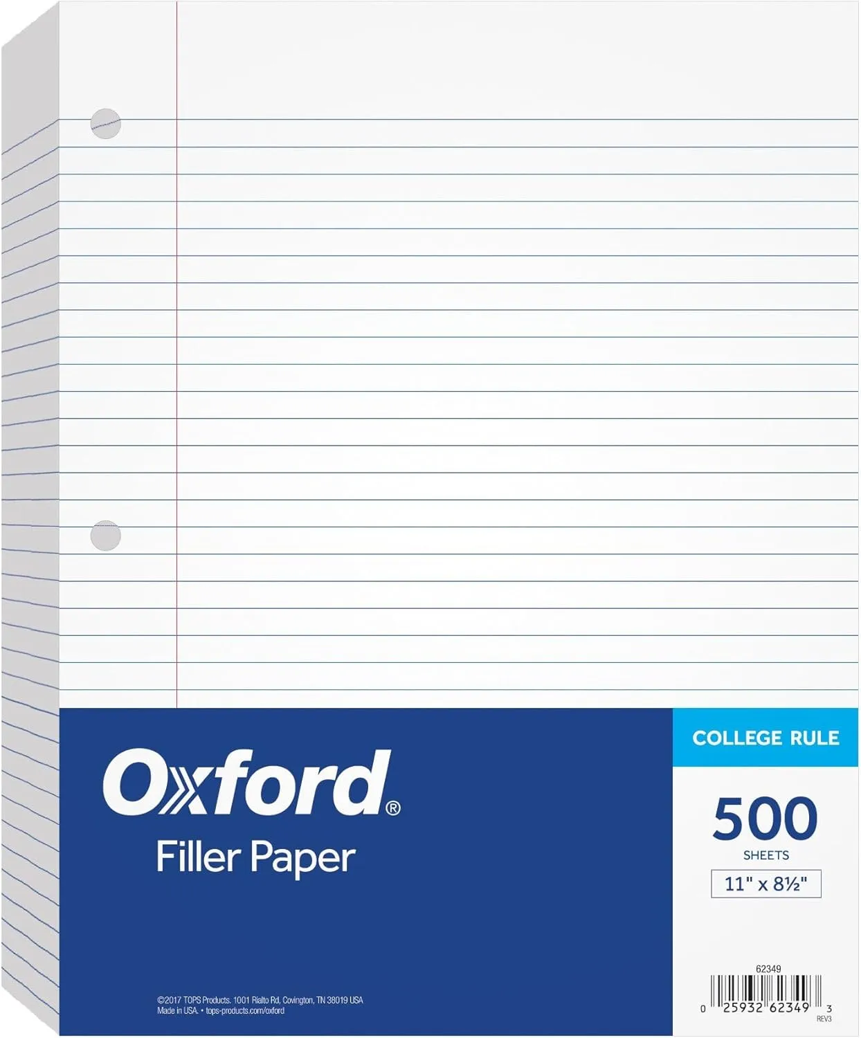 Oxford Loose Leaf Paper, Filler Paper, Notebook Paper, 8-1/2" x 11", College Rule, 3-Hole Punched, Paper for 3-Ring Binders, 500 Sheets Per Pack (62349)