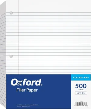 Oxford Loose Leaf Paper, Filler Paper, Notebook Paper, 8-1/2" x 11", College Rule, 3-Hole Punched, Paper for 3-Ring Binders, 500 Sheets Per Pack (62349)