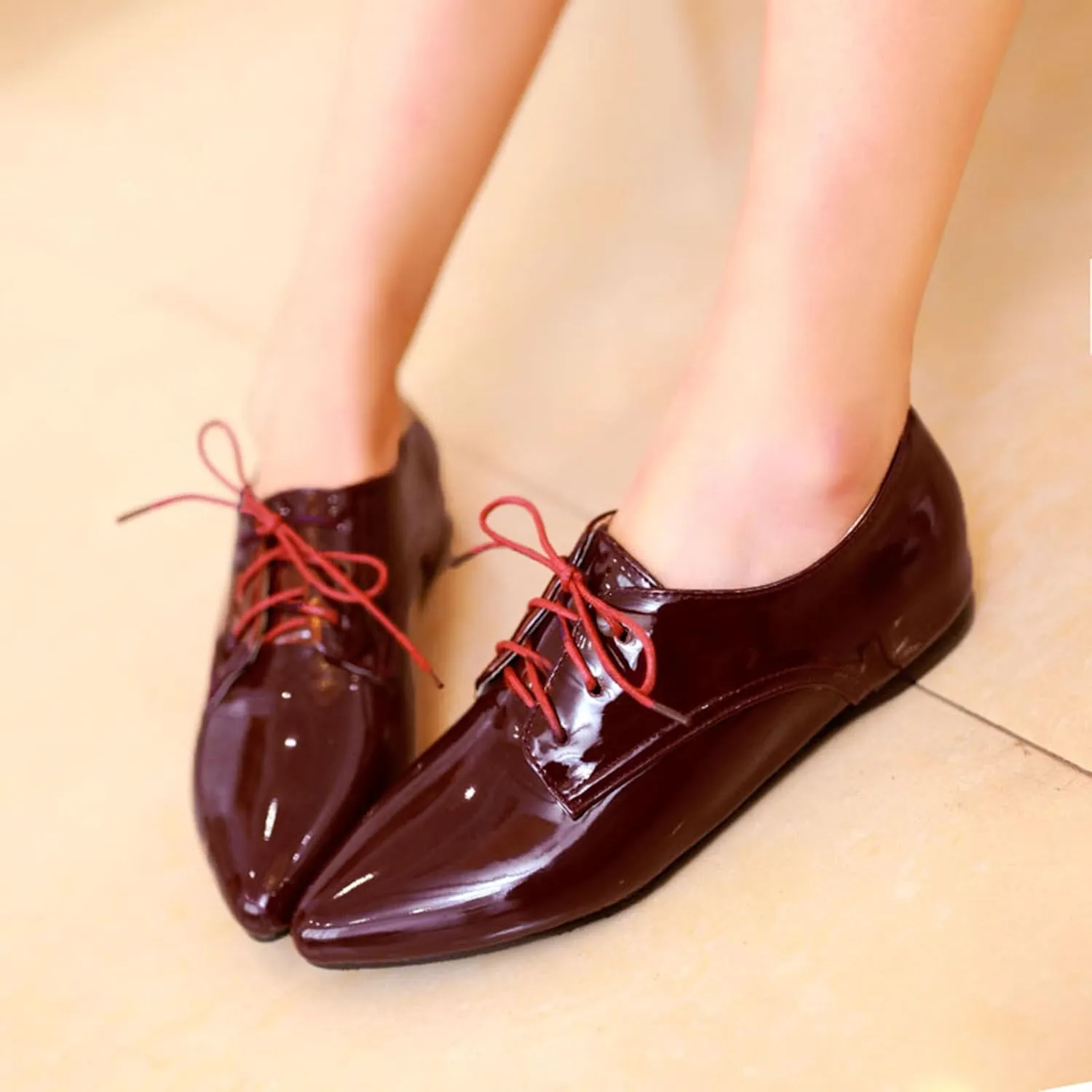 Patent Oxford Derby Women Pointed Toe Lace Up Shoes