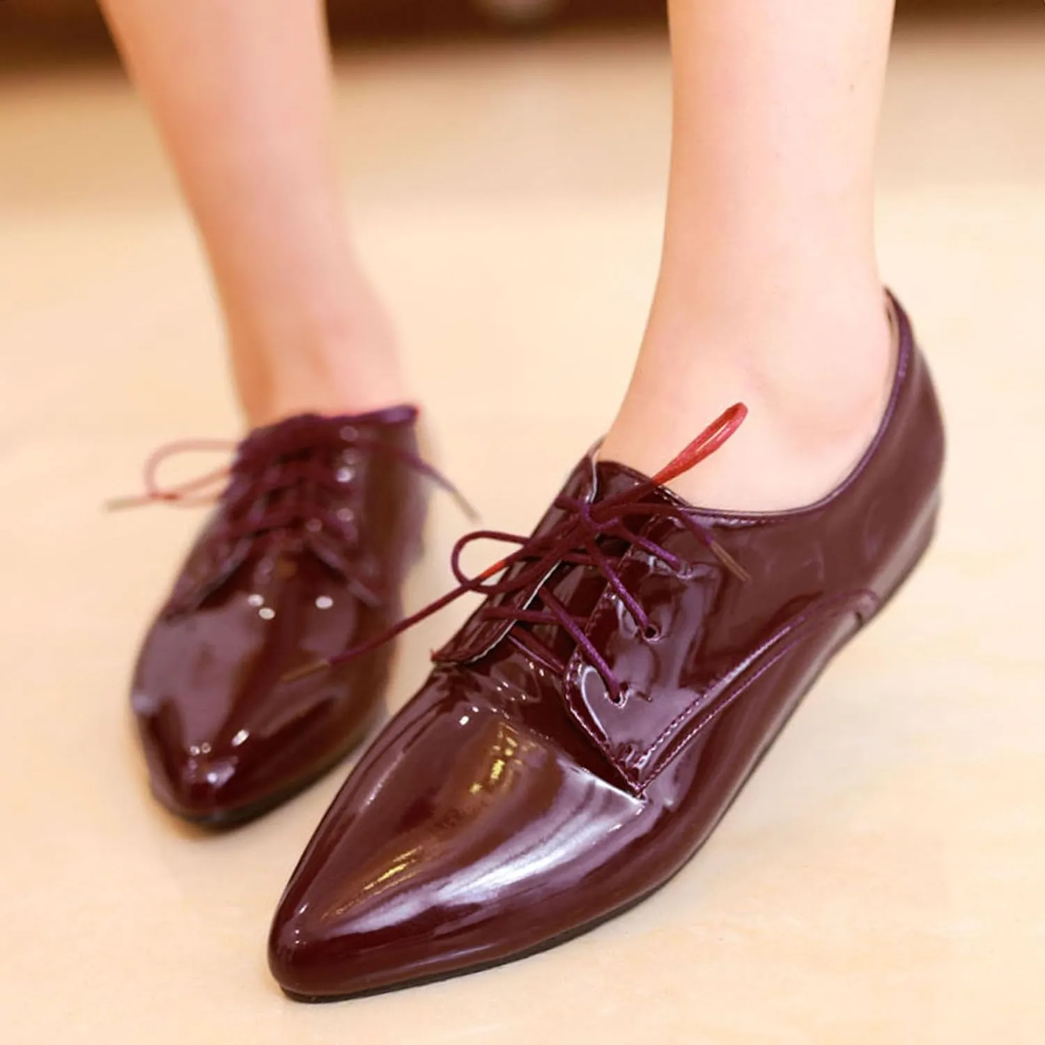 Patent Oxford Derby Women Pointed Toe Lace Up Shoes