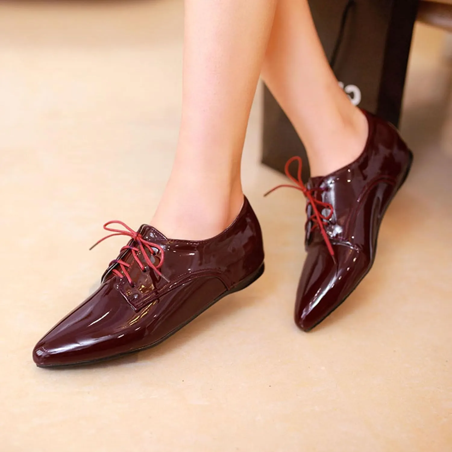 Patent Oxford Derby Women Pointed Toe Lace Up Shoes