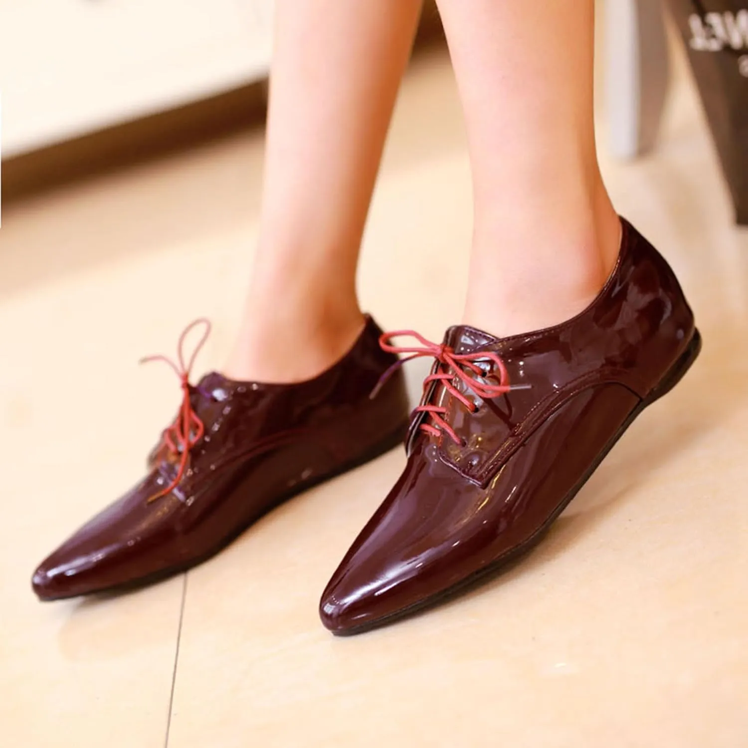 Patent Oxford Derby Women Pointed Toe Lace Up Shoes