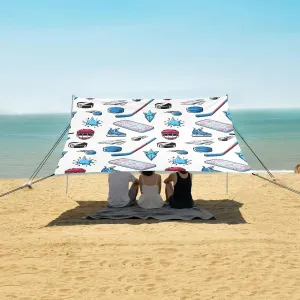 Pattern with Hockey Items Beach Camping Tent Sun Shelter for Whole Family, Beach Shade Canopy with UPF50  UV Protection,Easy Set Up and Carry,Outdoor Shade for Trips, Fishing, Backyard Fun Picn
