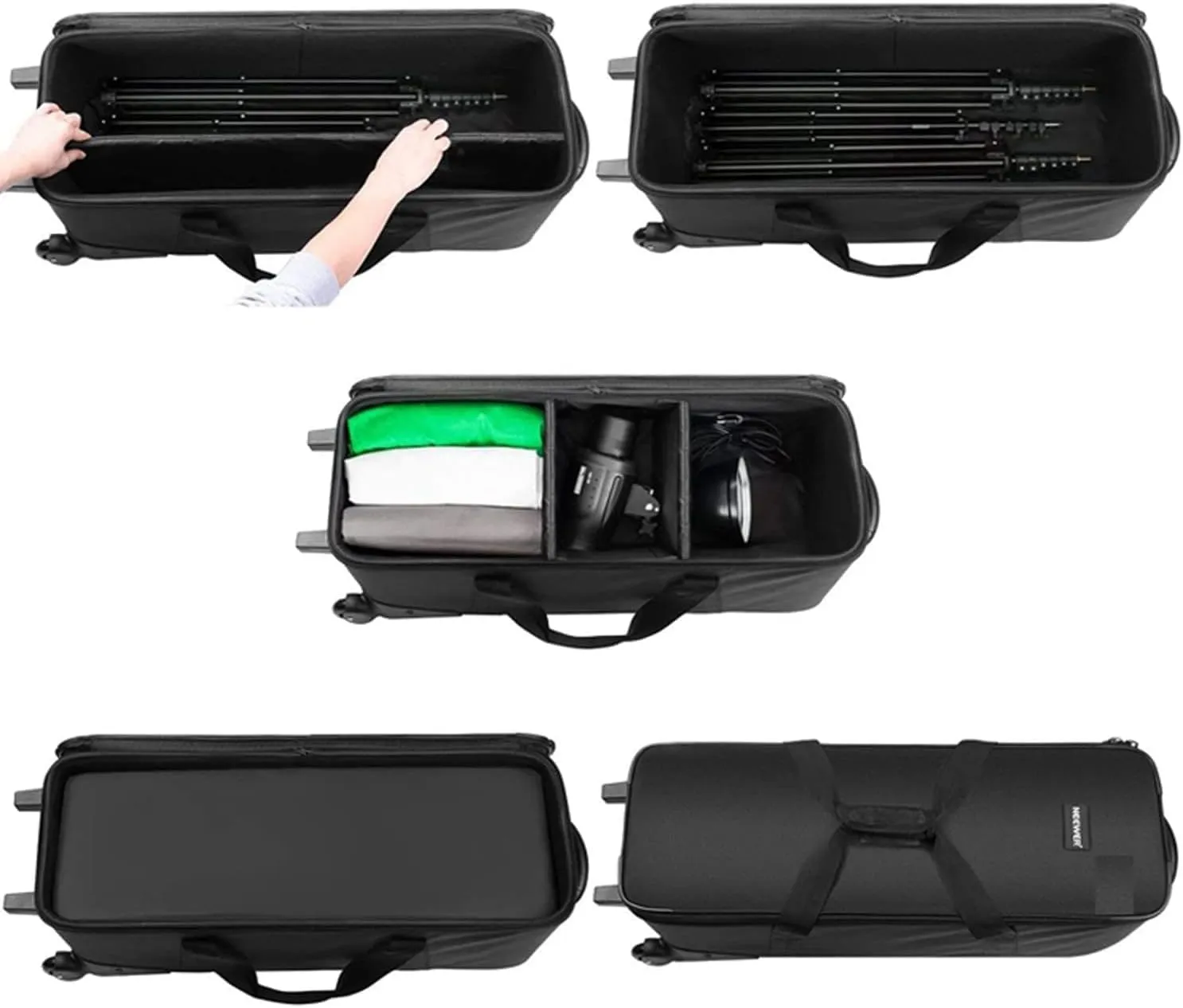 Photo Studio Equipment Trolley Case - Carrying Roller Bag with Padded Compartment and Wheels for Light Stand, Tripod, Strobe Light - Photographic Equipment Accessories