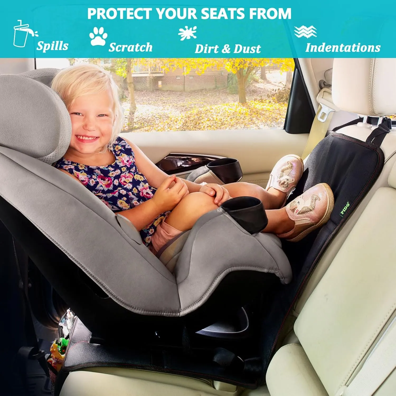 PIDO Car Seat Protector, 2 Pack Seat Protectors for Under Child Carseat, Thick Padding, Waterproof Fabric and Anti-Slip Base, Protective Pad for Car Interiors, Black