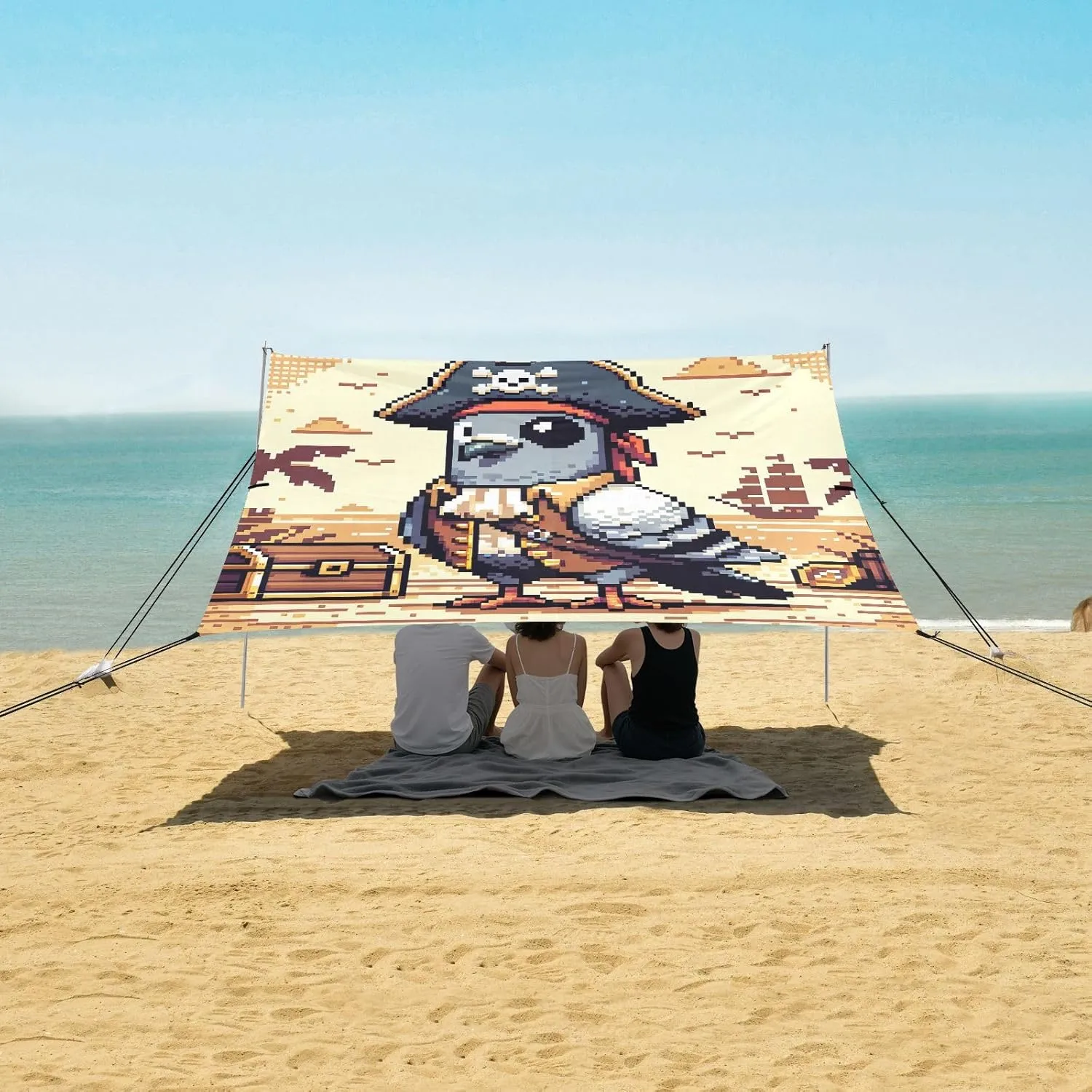 Pixel Art Pigeon Pirate Beach Camping Tent Sun Shelter for Whole Family, Beach Shade Canopy with UPF50  UV Protection,Easy Set Up and Carry,Outdoor Shade for Trips, Fishing, Backyard Fun Picnic
