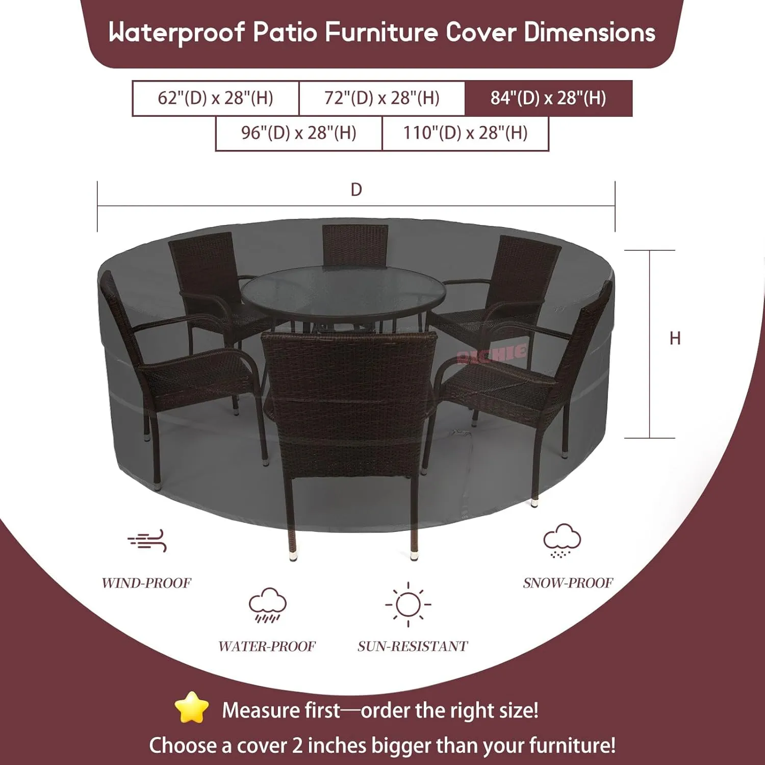 RICHIE Heavy Duty Waterproof Round Patio Furniture Covers - 600D UV Resistant & Anti-Fading, All Weather Outdoor Table and Chairs Set Cover (84"DIA x 28"H), Tear Resistant, Black