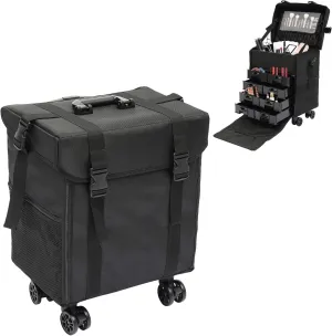Rolling Makeup Case Soft Makeup Train Case with Mesh Bags & Drawers Cosmetic Trolley Case on Wheels Multifunctional & Multilayer Makeup Organizer Bag for Make-up Artists-Black| US STOCK