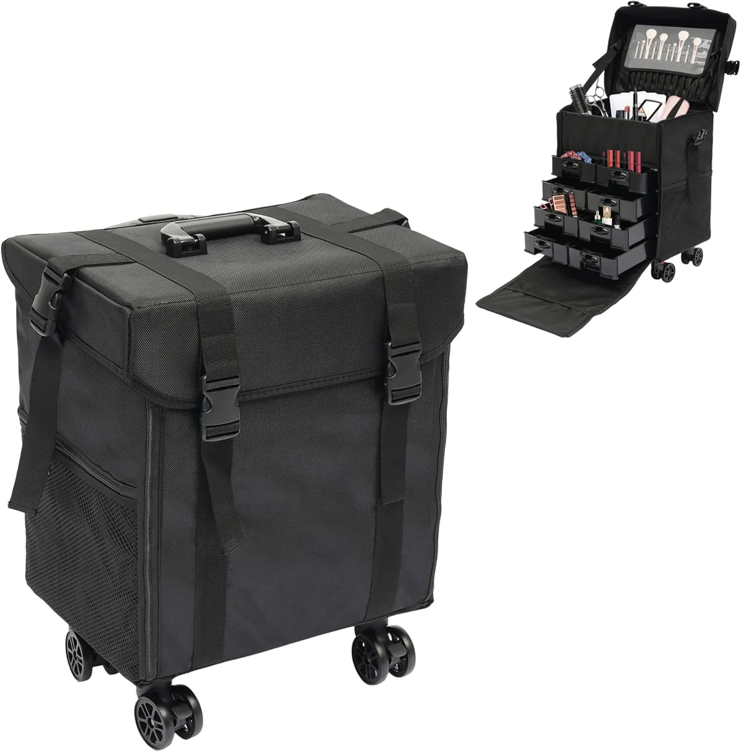 Rolling Makeup Case Soft Makeup Train Case with Mesh Bags & Drawers Cosmetic Trolley Case on Wheels Multifunctional & Multilayer Makeup Organizer Bag for Make-up Artists-Black| US STOCK