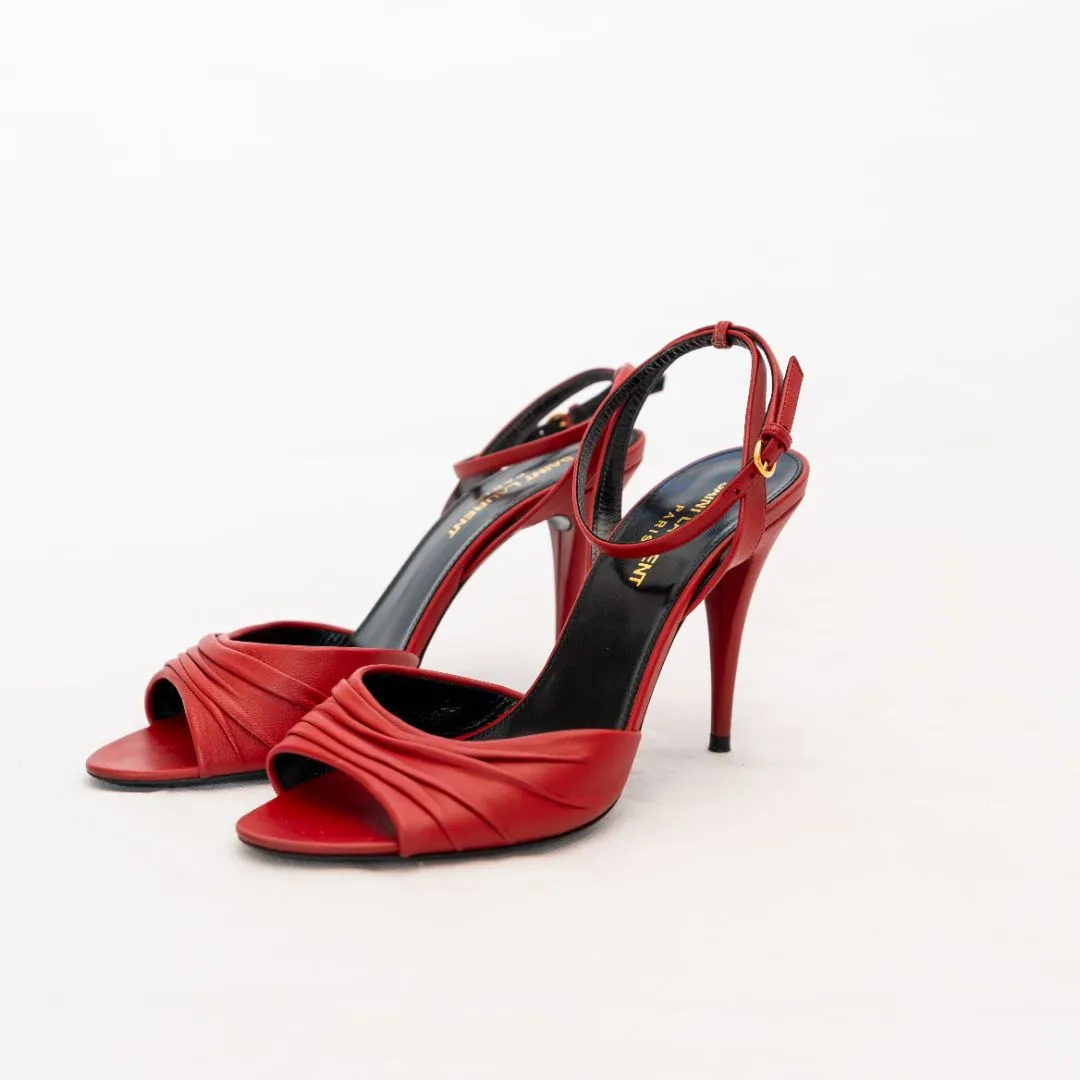 Saint Laurent Red Leather Pleated Mule Sandals, 37