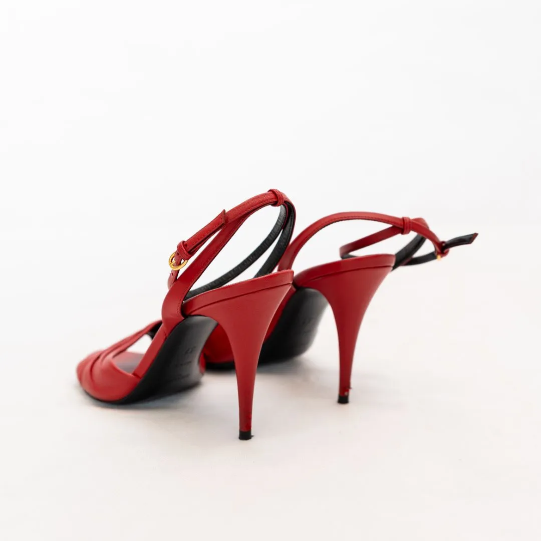 Saint Laurent Red Leather Pleated Mule Sandals, 37