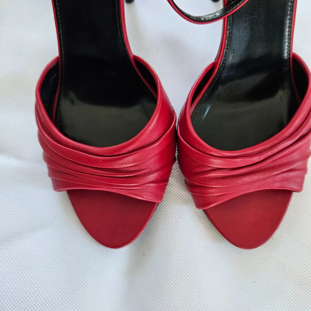 Saint Laurent Red Leather Pleated Mule Sandals, 37