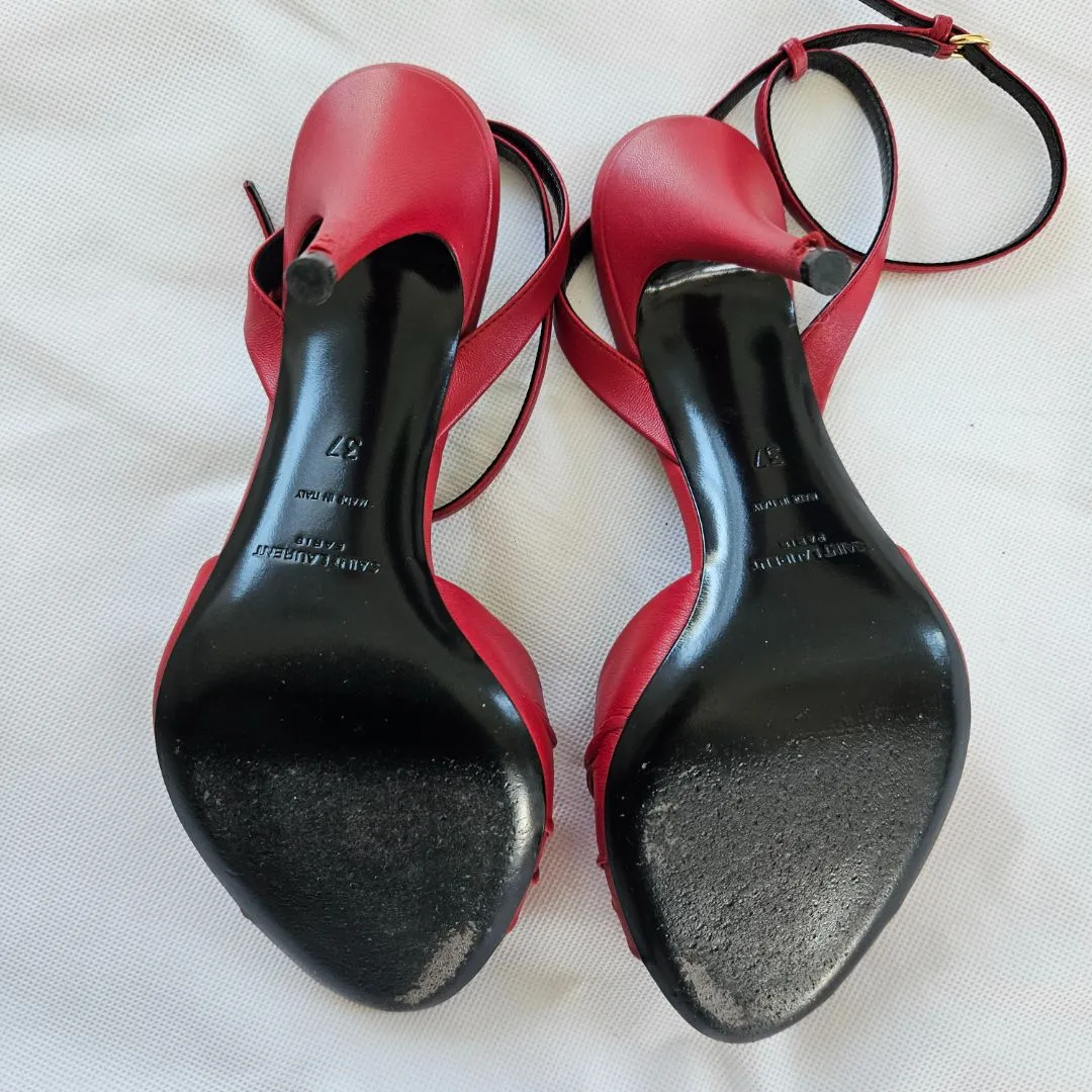Saint Laurent Red Leather Pleated Mule Sandals, 37