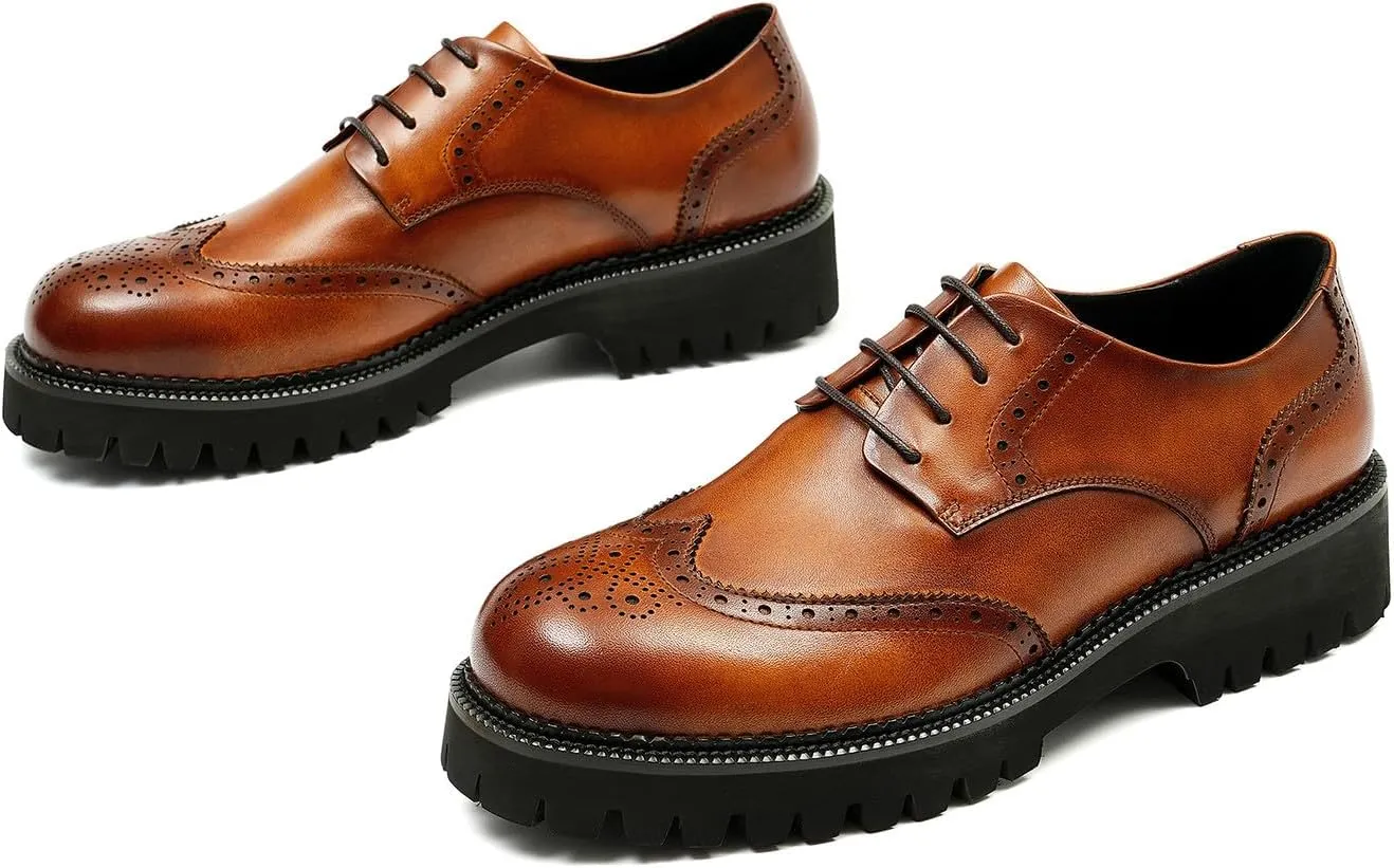 Santimon Men's Oxfords Formal Dress Leather Wingtips Brogues Derby Fashion Handmade Casual Shoes for Men