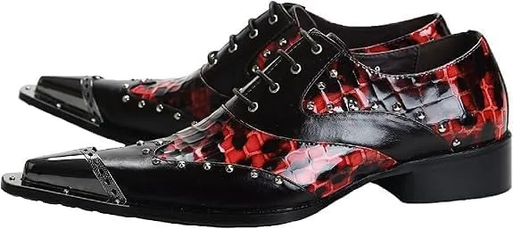 Santimon Mens Western Pointed Toe Leather Lace Up Dress Shoes Fashion Metal Tip Oxford