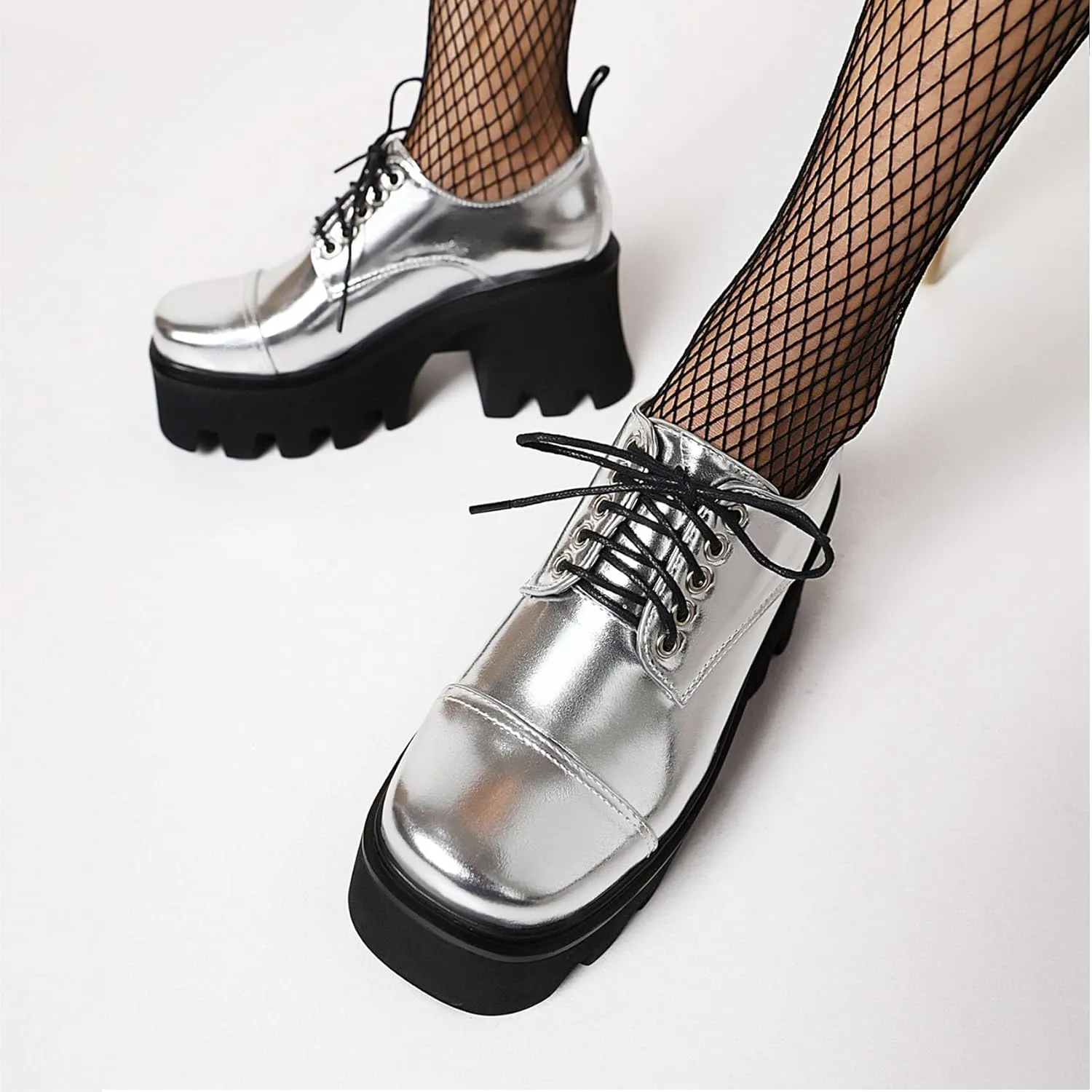 SHEMEE Women's Vintage Wingtip Oxfords Pumps Chunky Platform Block High Heel Round Toe Lace Up Gothic Brogue Shoes