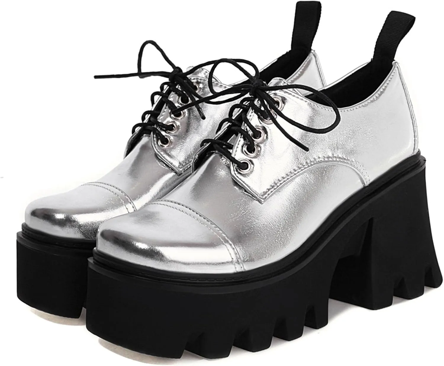 SHEMEE Women's Vintage Wingtip Oxfords Pumps Chunky Platform Block High Heel Round Toe Lace Up Gothic Brogue Shoes