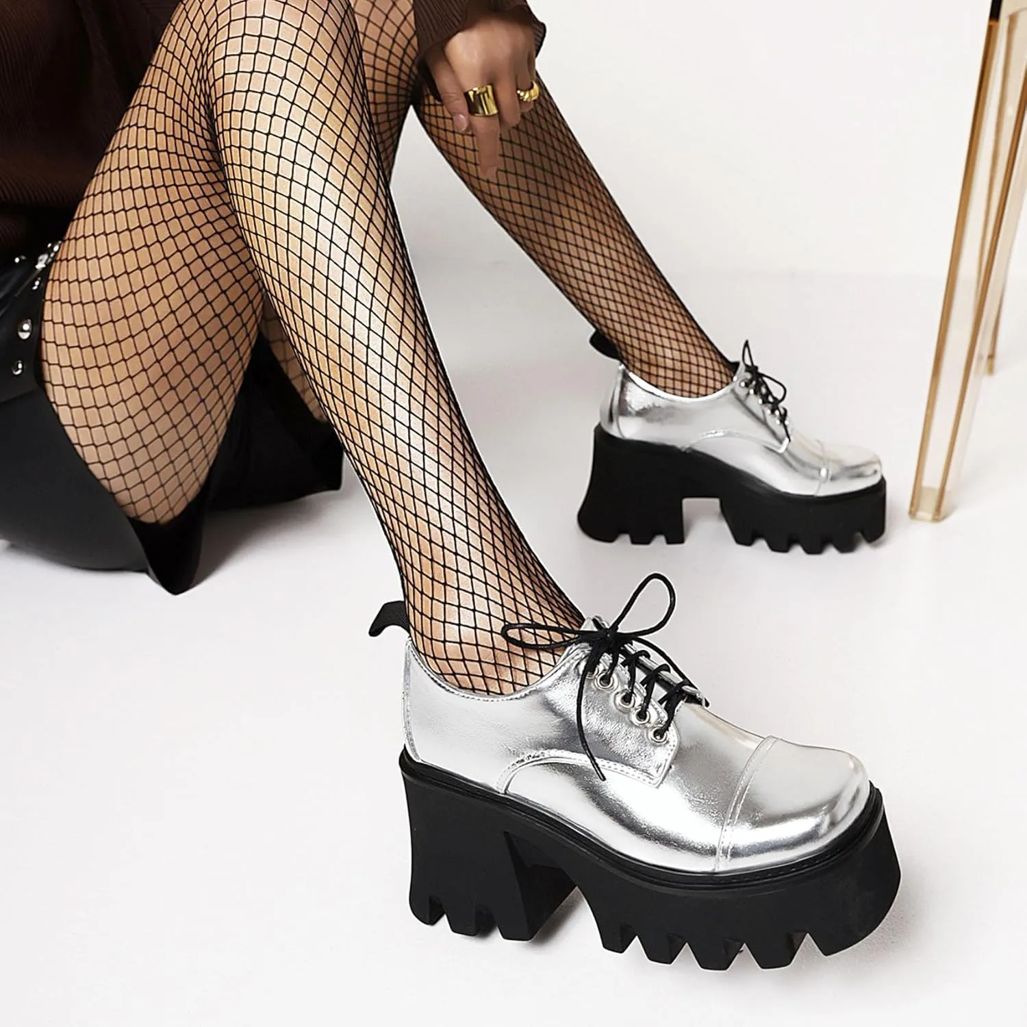 SHEMEE Women's Vintage Wingtip Oxfords Pumps Chunky Platform Block High Heel Round Toe Lace Up Gothic Brogue Shoes